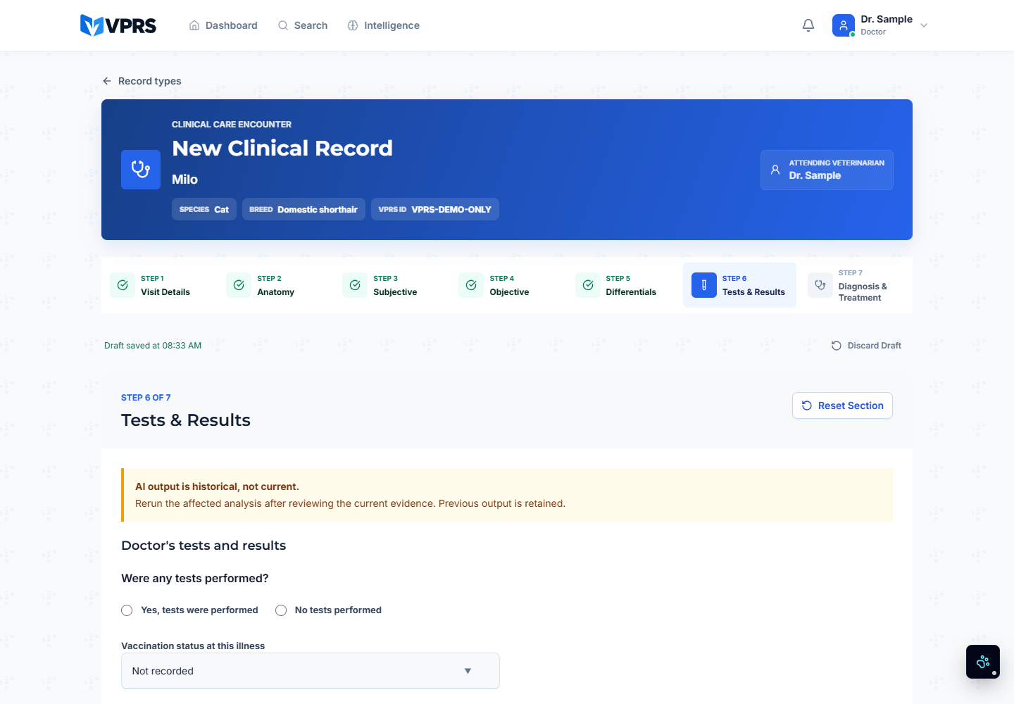VPRS AI diagnostic test recommendation screen