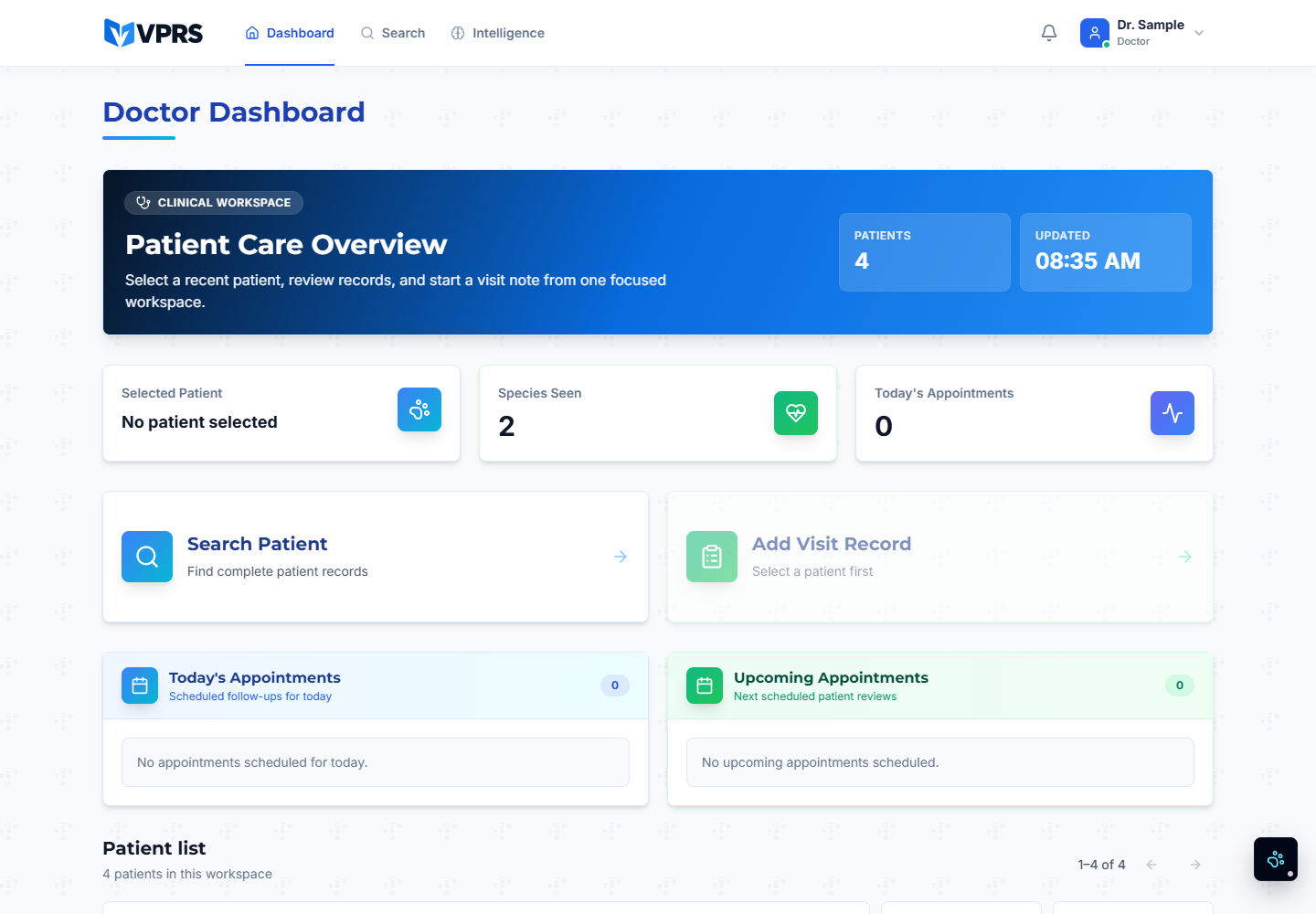 VPRS veterinarian dashboard