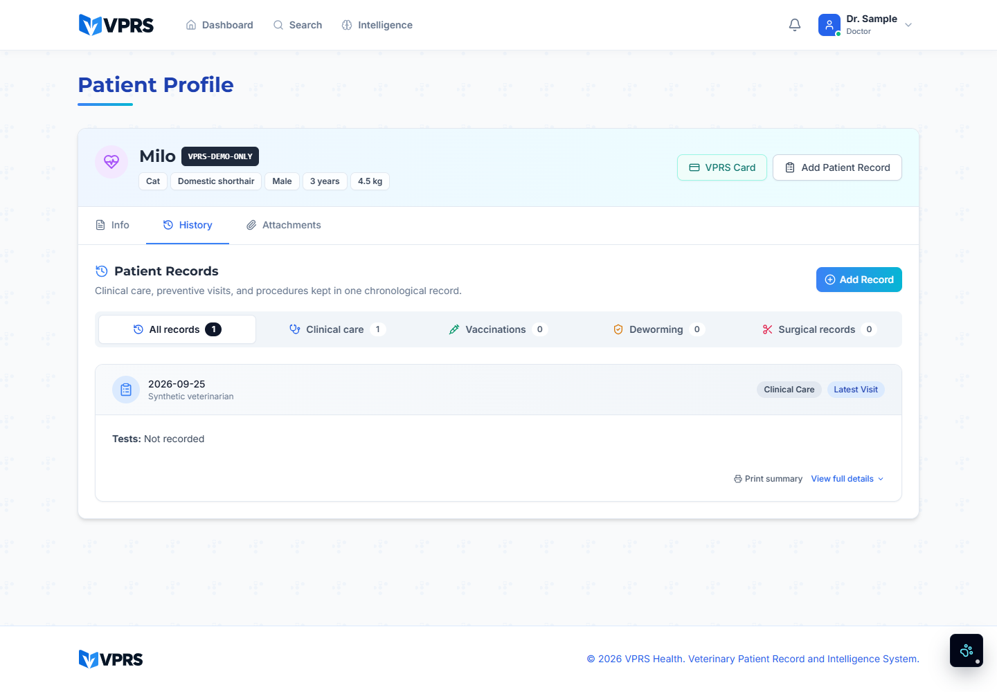 VPRS patient history screen
