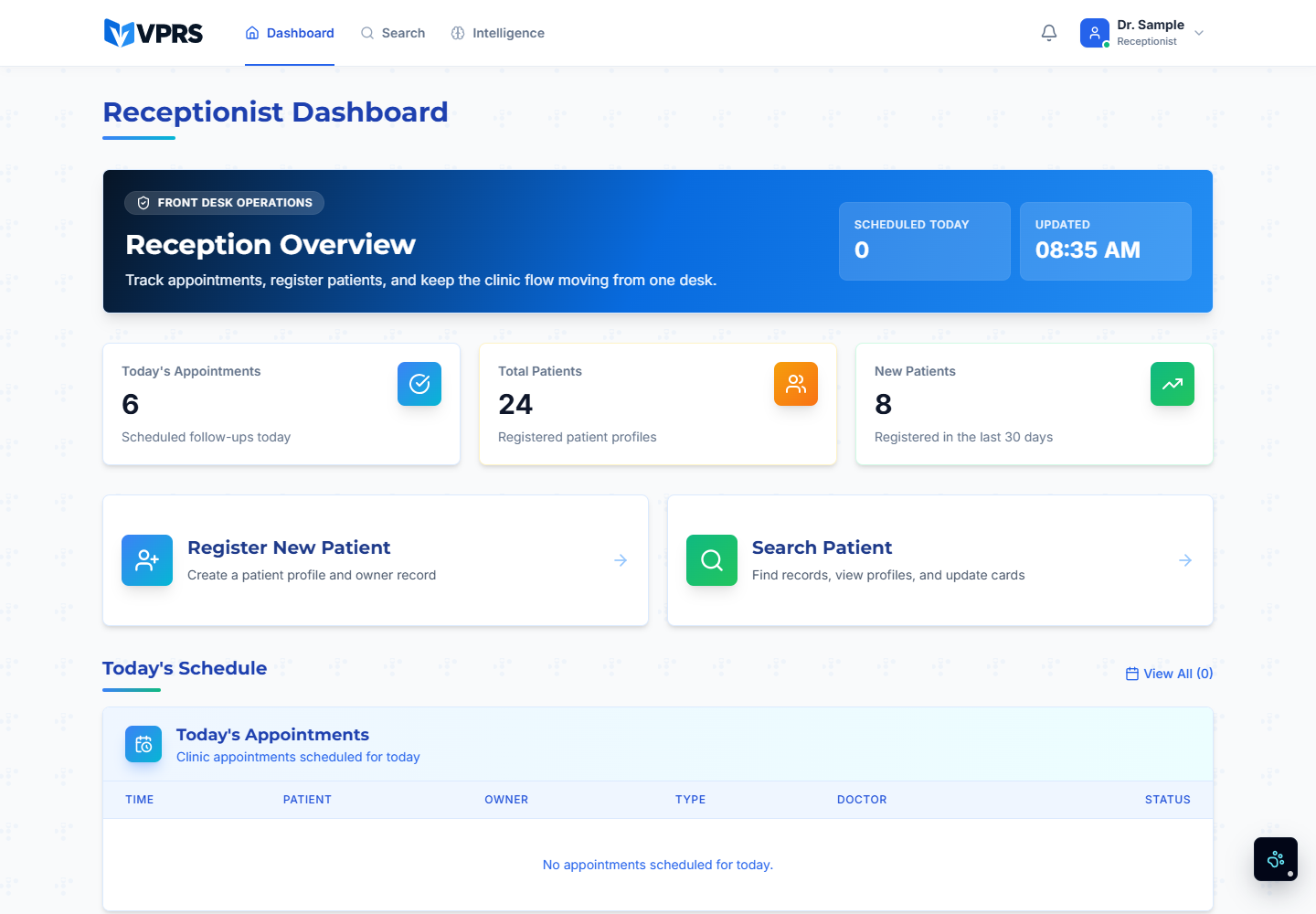 VPRS receptionist dashboard